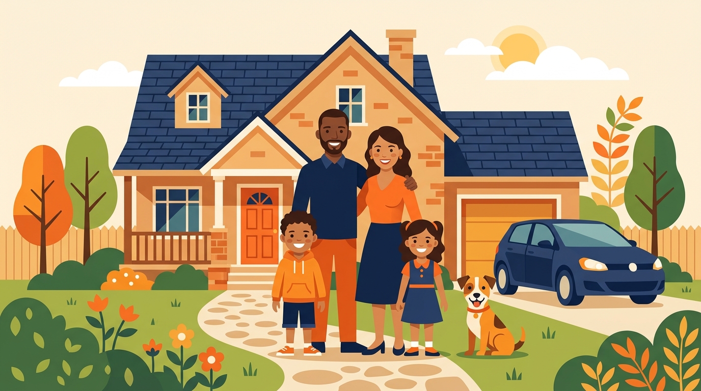 Happy family with their home, car, and dog — the things K&N Insurance Brokerage helps protect