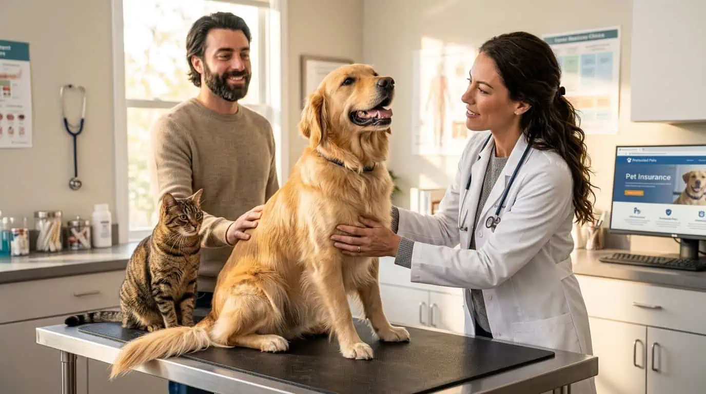 Pet insurance in New York - dog and cat at veterinarian office
