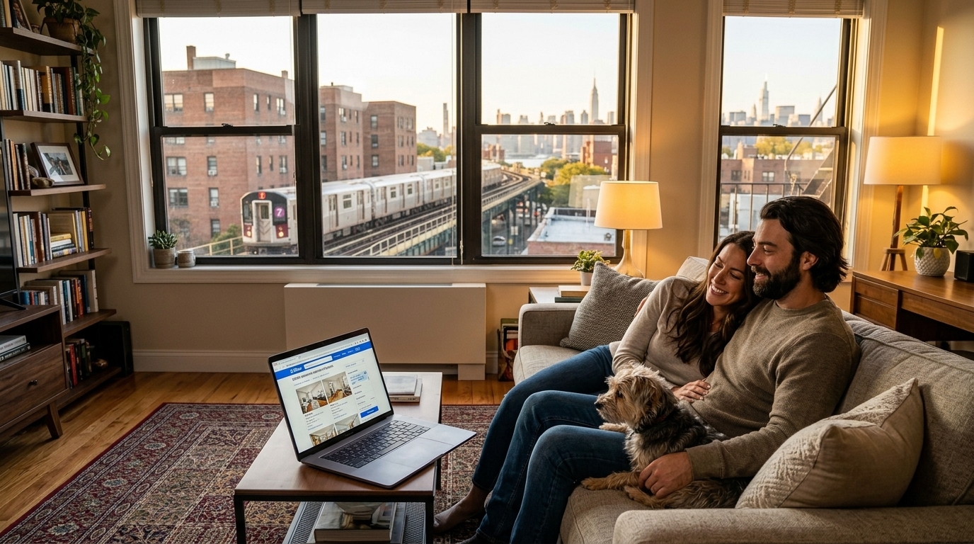 Renters insurance in Queens NY - couple in apartment with city view