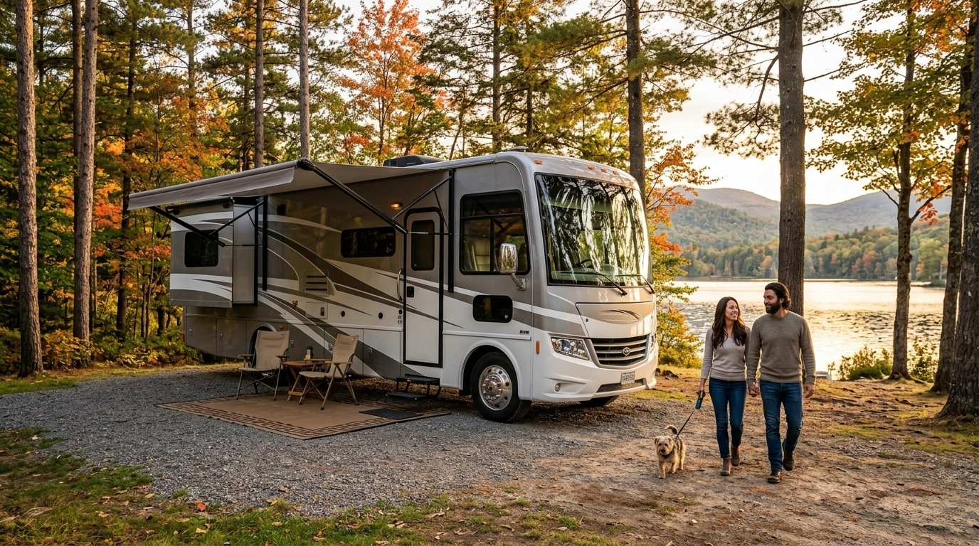 RV insurance in New York - motorhome at scenic campsite in Catskills
