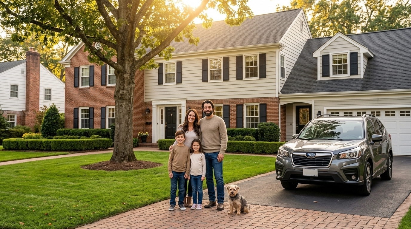 Umbrella insurance in New York - family in front of Long Island home
