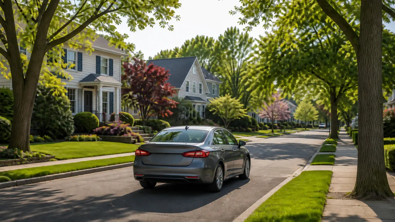Tree-lined village street illustrating car insurance in Floral Park, NY