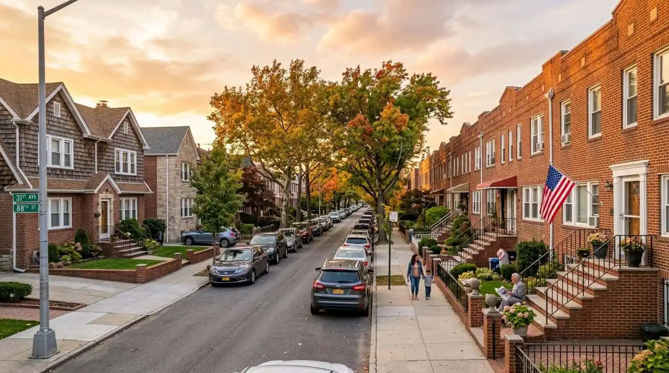 Home insurance in Queens NY - brick townhouses on residential street