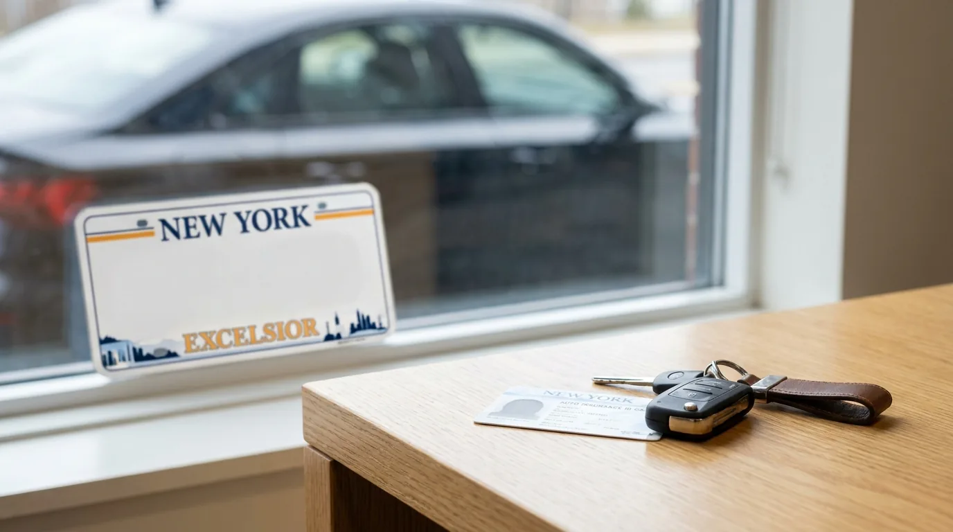 New York auto insurance ID card and car keys — New York verifies coverage electronically with an FS-1, not an SR-22