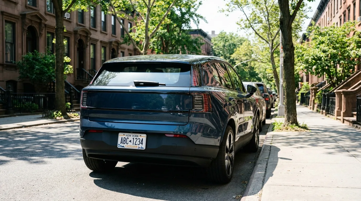 Car with a New York Excelsior license plate on a tree-lined NYC street — New York State minimum car insurance requirements