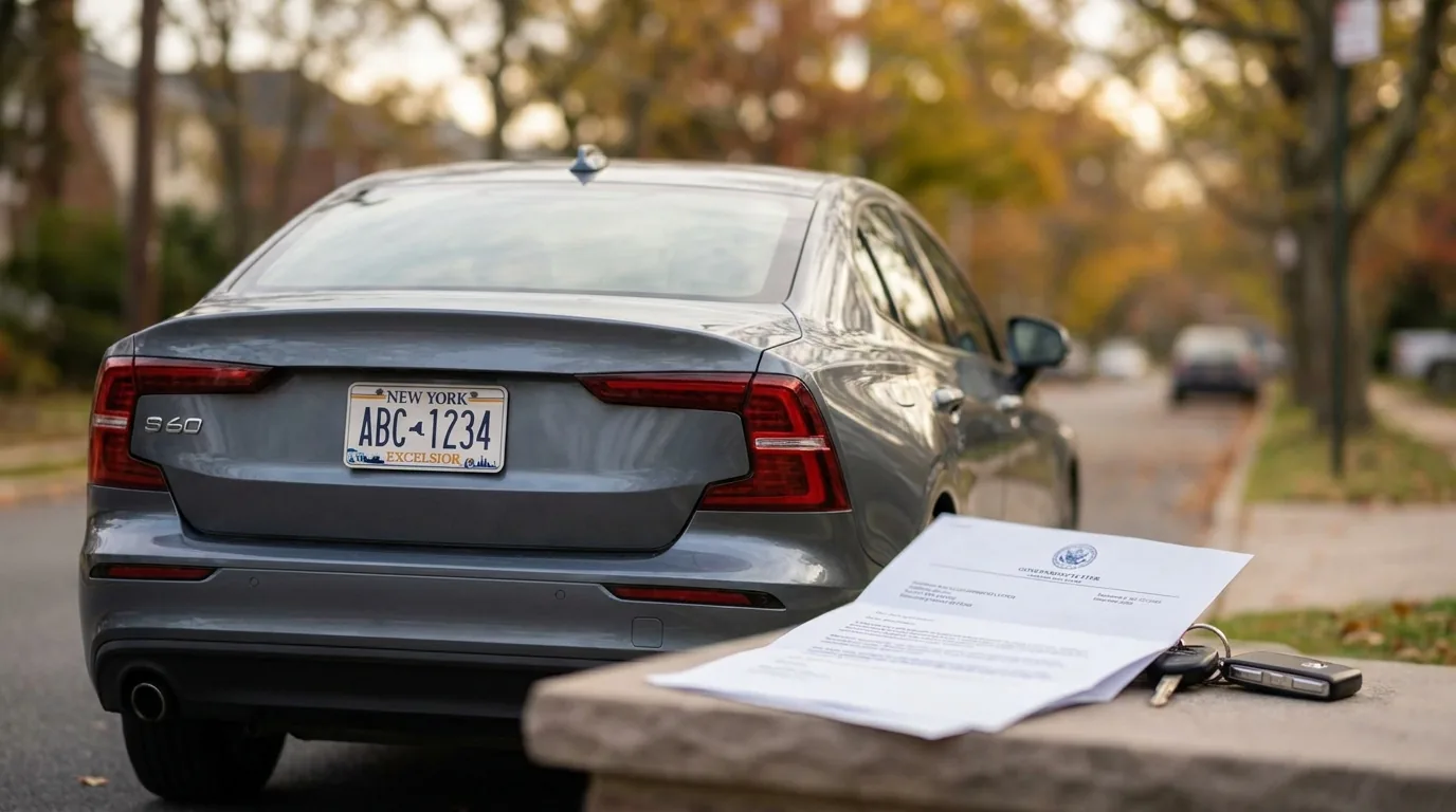New York State license plate and DMV insurance-lapse notice showing the daily civil penalty for a coverage gap
