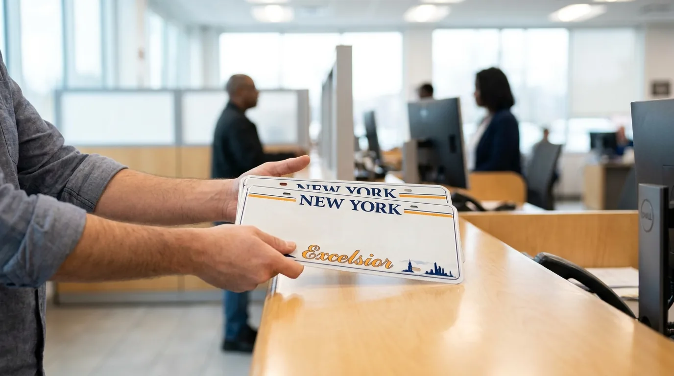 Handing New York Excelsior license plates across a DMV counter to surrender them and avoid an insurance lapse