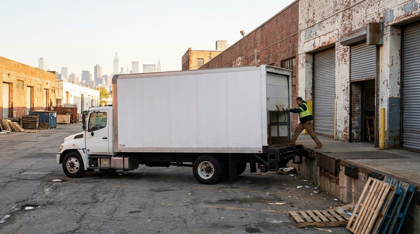 White 26-foot box truck at a loading dock in Queens NY