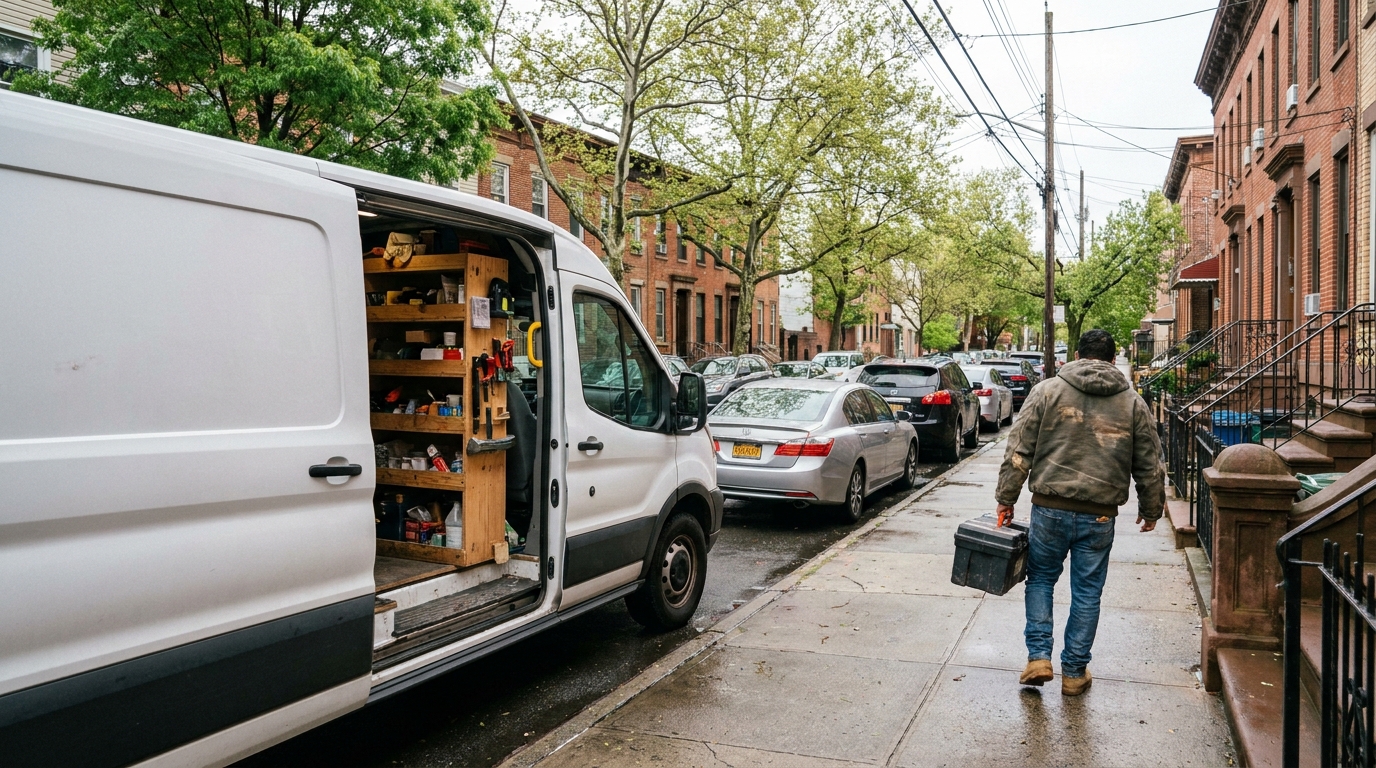 Cargo van with shelving open on a residential Queens NY street