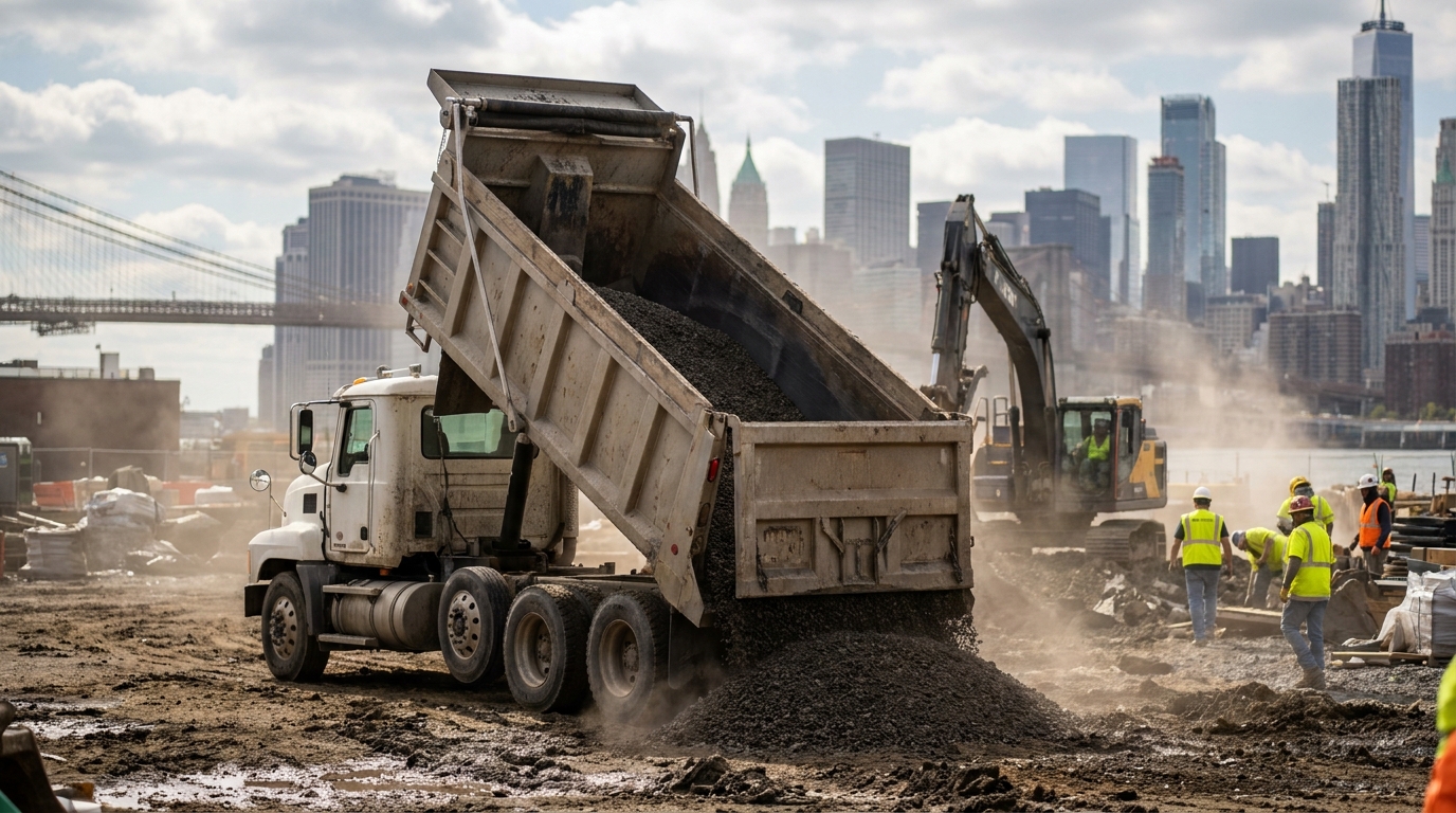 Dump truck unloading gravel at a New York construction site