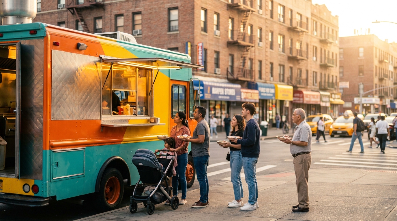 Food truck serving customers on a Queens NY street corner