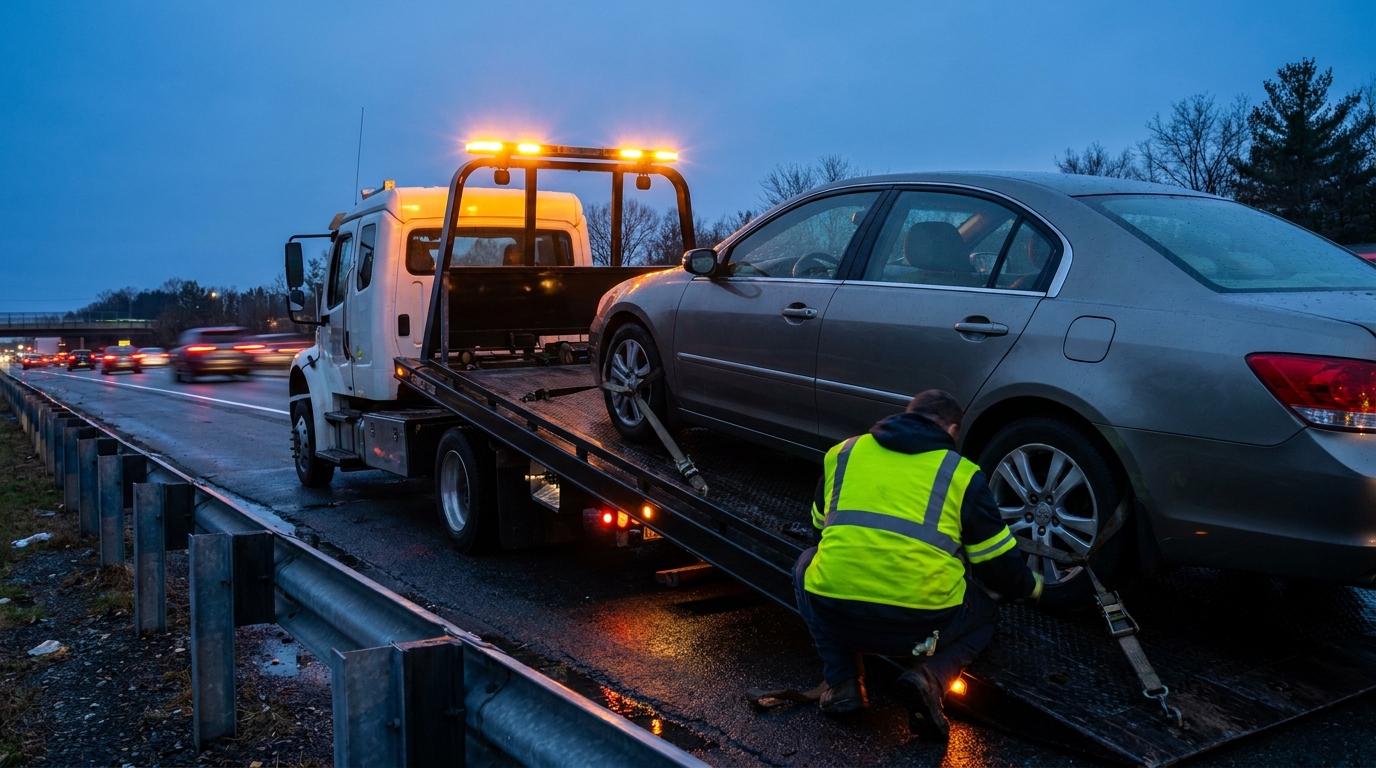 Flatbed tow truck loading a sedan on a New York highway at dusk