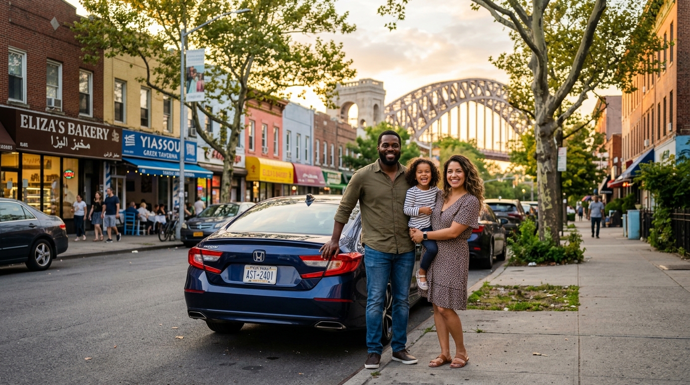 Car insurance in Astoria Queens — Steinway Street neighborhood with protected car