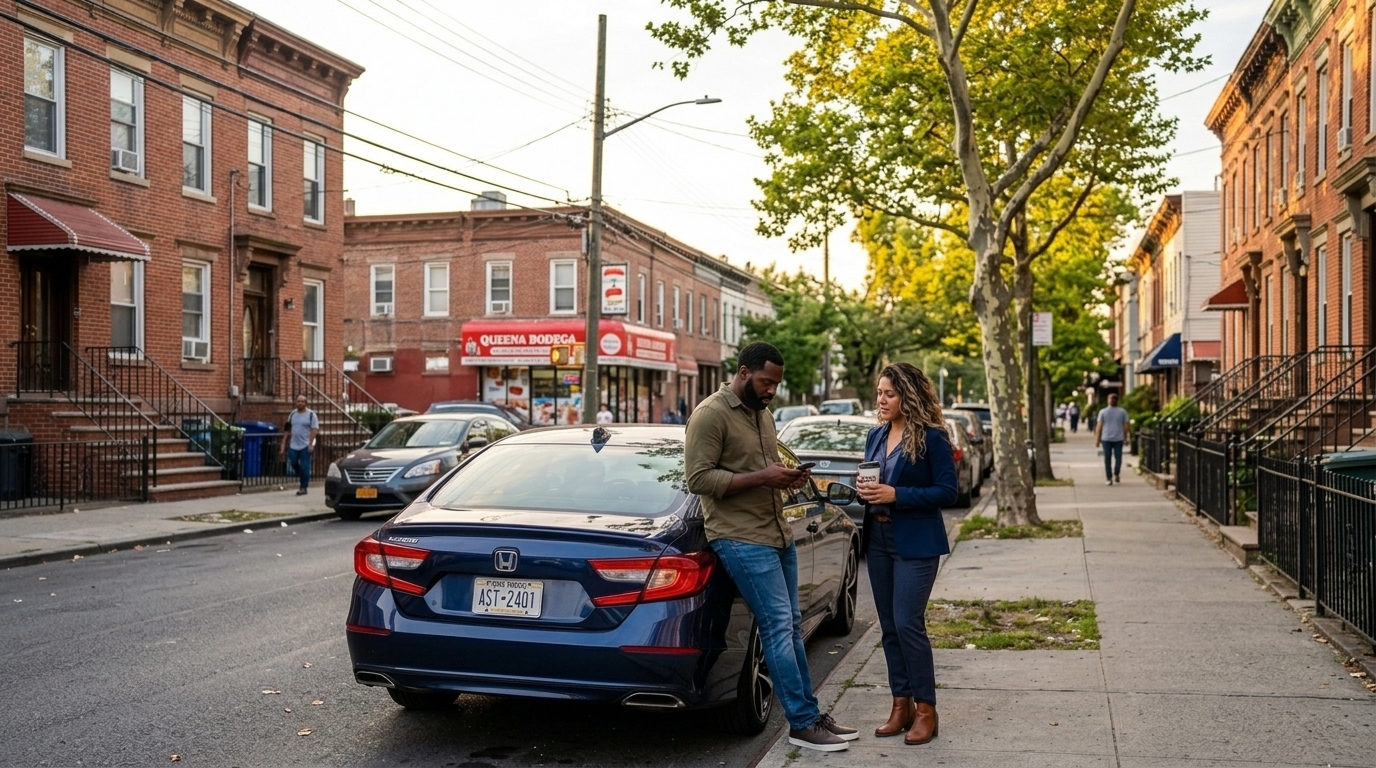 Car insurance in Ridgewood Queens — brick rowhouses and neighborhood street