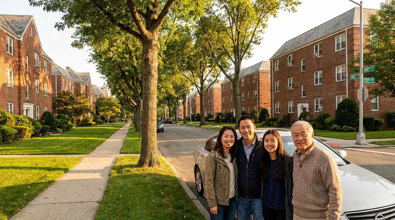 Fresh Meadows Queens family at home with car on tree-lined residential street — K&N Insurance Brokerage customer