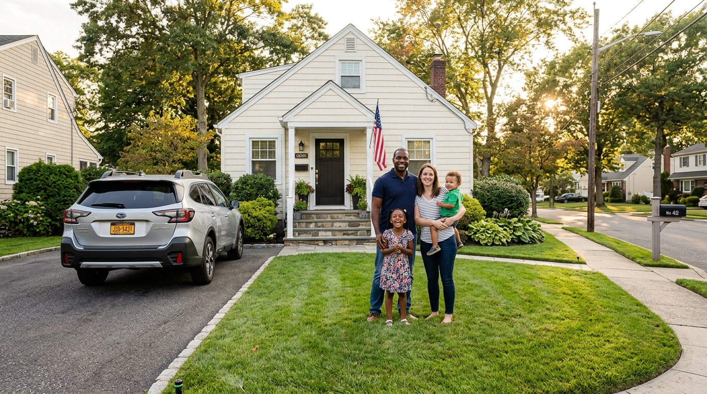 Westbury, NY family at home with car in driveway — K&N Insurance Brokerage Long Island customer