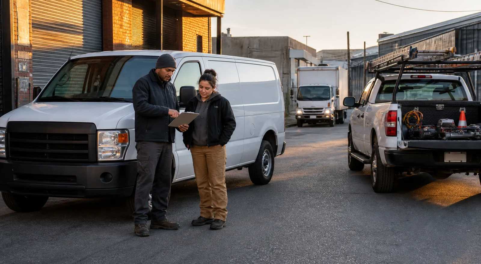 Cargo van, pickup and box truck prepared for a New York business workday.