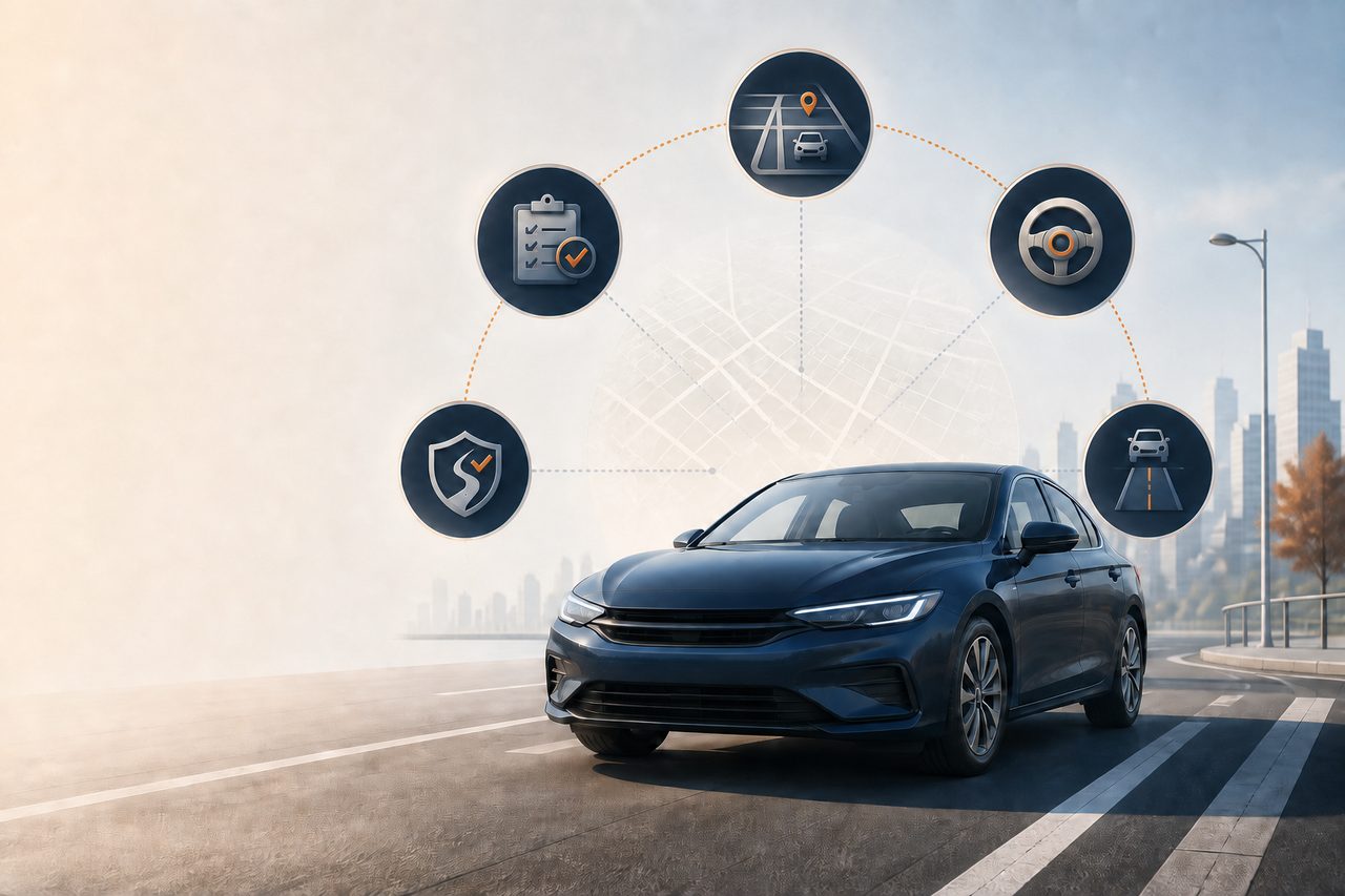 Illustration of factors that influence a New York car insurance premium, including location, driving history, vehicle use and coverage choices.