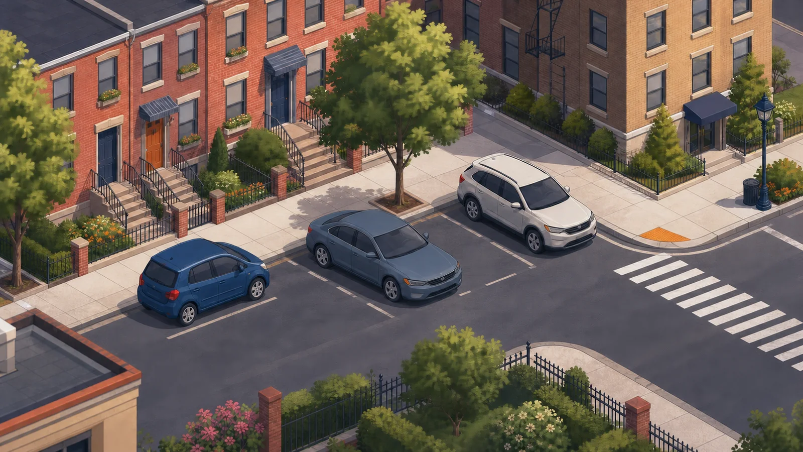 Illustrated compact car, sedan and SUV parked on a Queens residential block.