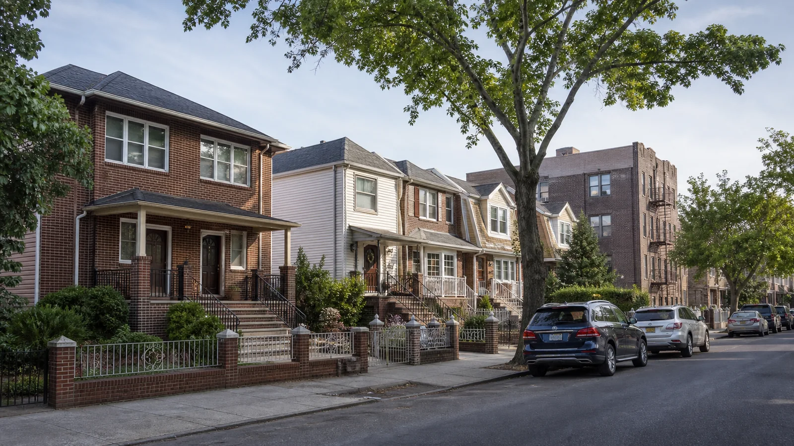 Brick houses and a co-op building on an illustrative Queens residential street.